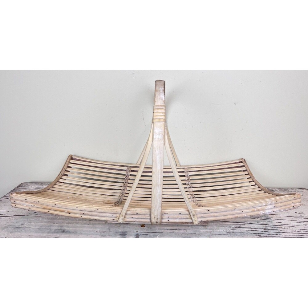 Vintage White Washed Bent Bamboo Garden Trug Handled Flower Basket 20”